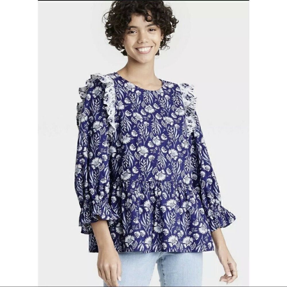 UNIVERSAL THREAD PUFF 3/4 SLEEVE BLUE FLORAL EXAGGERATED RUFFLE TOP BLOUSE XS
